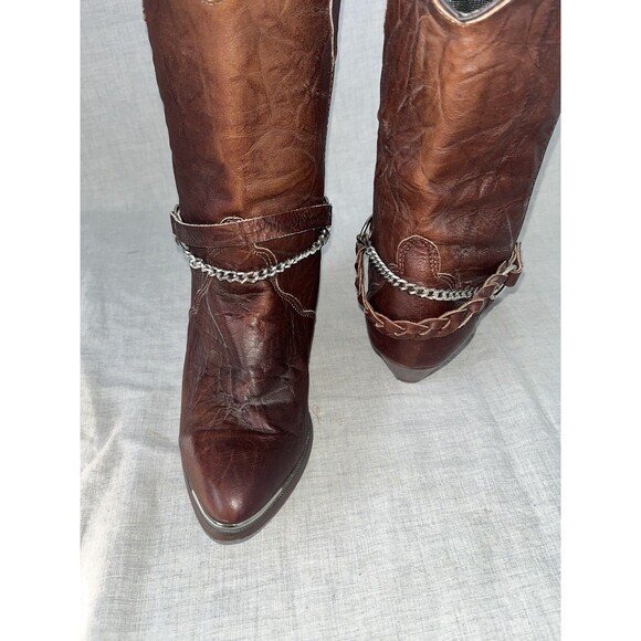 Sage by Abilene Style 3671 Brown Leather Cowboy Boots Silver Tips 8 Boot Straps - Picture 4 of 11